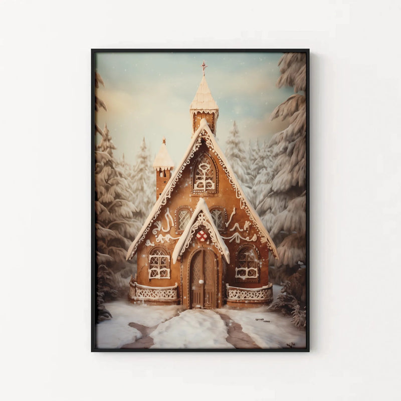 Winter Forest Poster, Gingerbread Church Wall Art, Whimsical Christmas Wall Art, Holiday Cottage Print, Christmas Poster Digital Download