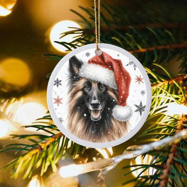 Santa Hat Dog Tree Ornament, Belgian Tervuren Christmas Ornament, Ceramic Holiday Dog Ornament, Pet Keepsake, Dog Lover Holid