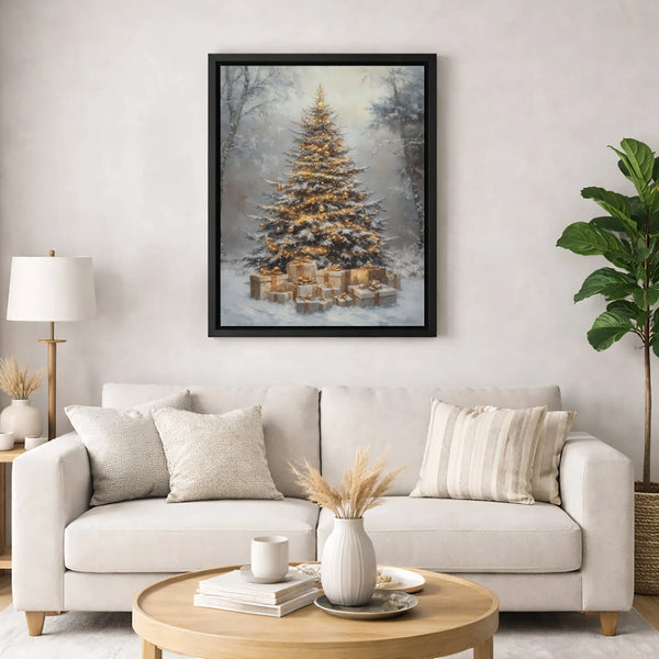 Snowy Winter Forest Canvas Print, Christmas Tree Canvas Wall Art, Gold Gift Box Holiday Canvas, Rustic Winter Landscape Wall 