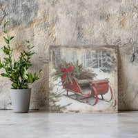 Rustic Red Sled Winter Forest Snow Scene Print, Vintage Christmas Sleigh Canvas Wall Art, Holiday Canvas Poster, Digital Download