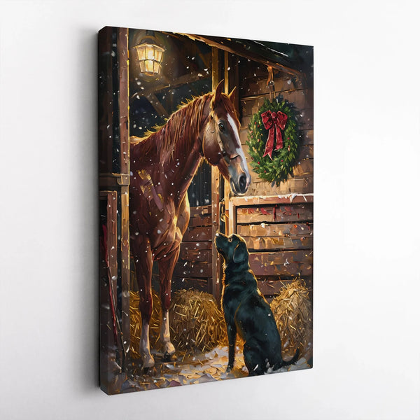 Snowy Winter Barn Stable Print, Christmas Horse and Black Lab Canvas Art, Rustic Holiday Wall Decor, Dog Lover Present, Digit