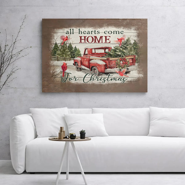 Vintage Red Truck Canvas Print, All Hearts Come Home for Christmas Canvas Wall Art, Holiday Cardinal Wall Decor, Farmhouse Xm