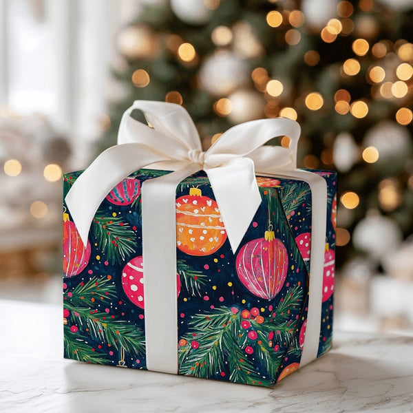 Navy Pine Branch Gift Wrap, Watercolor Ornament Christmas Wrapping Paper, Colorful Bauble Wrapping Paper, Festive Holiday Wra