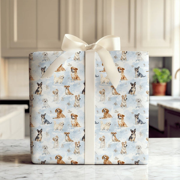Snowy Winter Puppy Gift Wrap, Watercolor Dog Wrapping Paper, Light Blue Pet Lover Wrapping Paper, Holiday Christmas Dog Wrapp