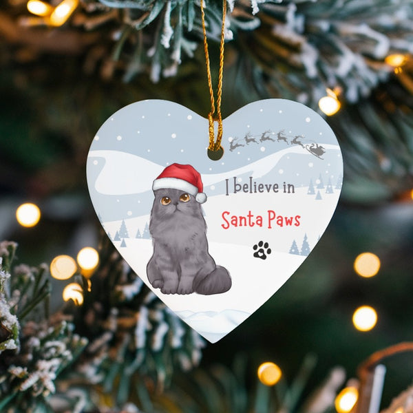 Santa Paws Heart Ceramic Ornament, Gray Persian Cat Christmas Ornament, Cat Lover Holiday Keepsake, Cat Mom Pet Tree Ornament