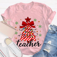 Bow Christmas Tree Colorful Lights Graphic Tee, Teacher Christmas T-Shirt, Festive Holiday Educator Shirt, Xmas Present
