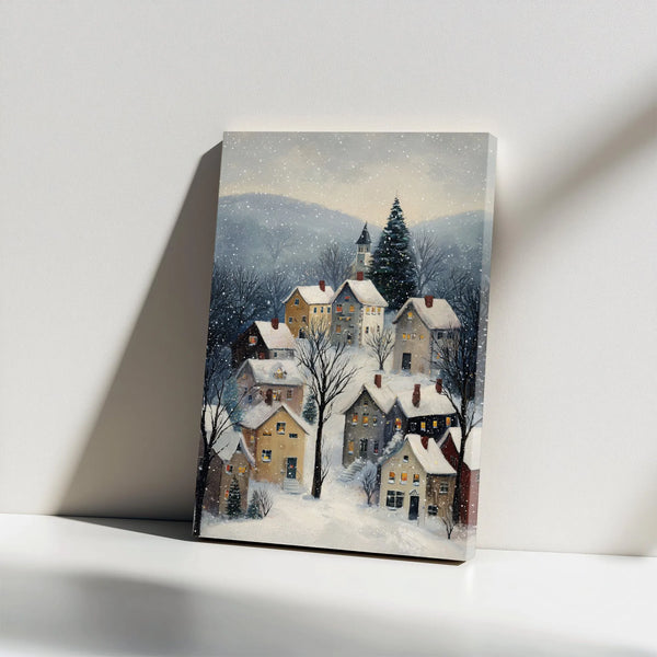 Comfy Snowfall Painting Canvas Print, Winter Village Canvas Wall Art, Holiday Village Winter Art Canvas, Rustic Christmas Wal