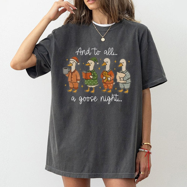 Humorous Silly Goose Christmas Tee, And to All A Goose Night T-Shirt, Adorable Pajama Geese Holiday Shirt, Retro Bird Lover X