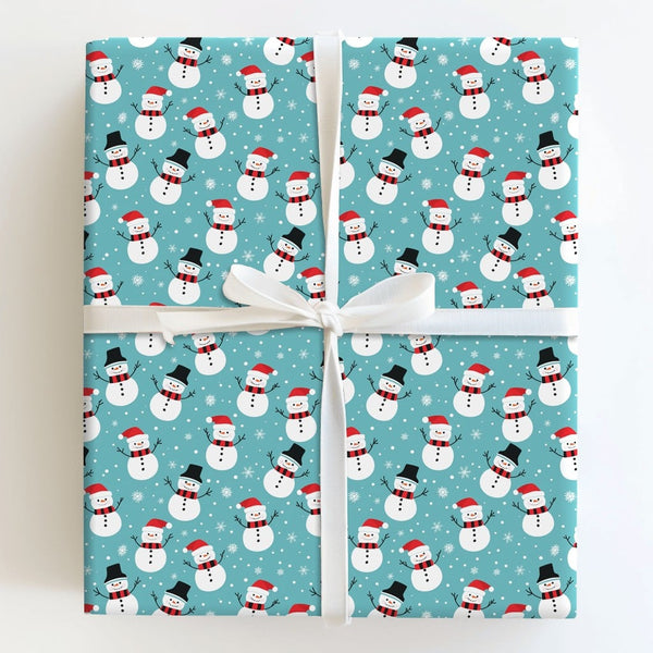 Adorable Holiday Gift Wrap, Teal Snowman Wrapping Paper, Cartoon Snowman Wrapping Paper, Festive Snowflake Gift Wrap, Christm