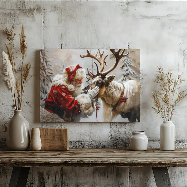 Snowy Forest Christmas Canvas Print, Santa Claus Reindeer Canvas Wall Art, Winter Scene Canvas Art, Festive Holiday Xmas Home