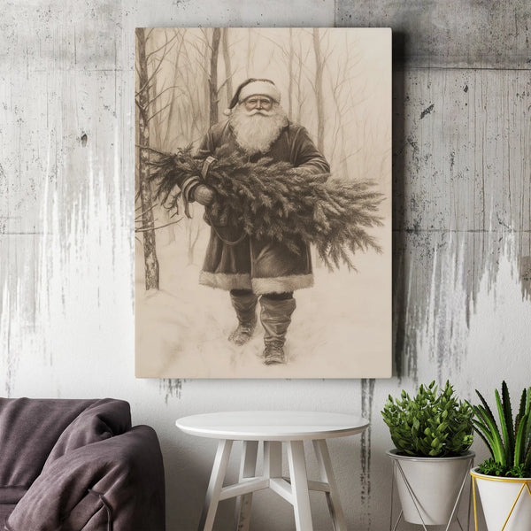 Sketch Christmas Tree Canvas Print, Vintage Santa Claus Canvas Wall Art, Retro Holiday Drawing Wall Art, Nostalgic Xmas Festi