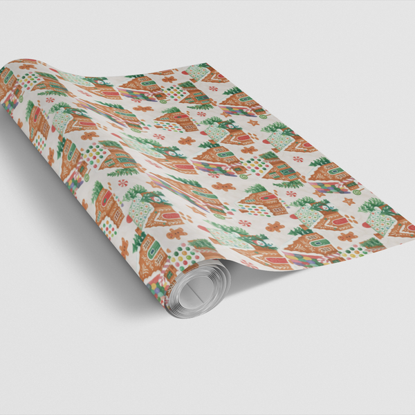 Adorable Holiday Treat Gift Wrap, Gingerbread House Wrapping Paper, Festive Christmas Candy Wrapping Paper Roll, Winter Cotta