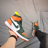 Sneakers, Black Green Orange Colorway, Patent Leather Footwear, Lace Up Design, Casual Gift for Sneaker Fans