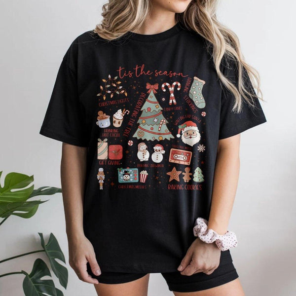 Festive Holiday Icons Graphic Shirt, Tis the Season Christmas T-Shirt, Retro Xmas Vibes Tee, Adorable Winter Holiday Present 