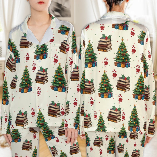Festive Tree Books Satin Pajamas, Christmas Book Lover Pajama Set, Bookworm Holiday Pajamas, Comfy Reader Loungewear, Book Lo