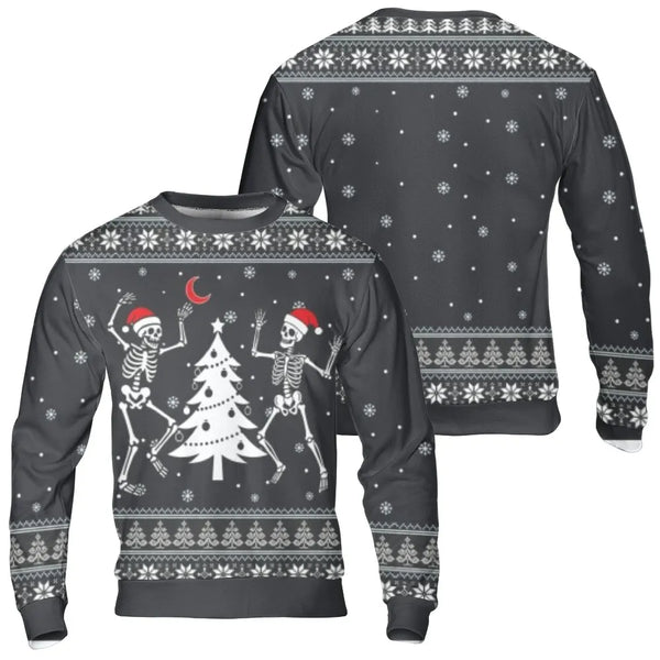 Spooky Xmas Ugly Holiday Sweater, Dancing Skeleton Christmas Sweatshirt, Gothic Winter Crewneck Sweatshirt, Humorous Creepy A