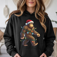 Humorous Sasquatch Sweatshirt, Bigfoot Christmas Lights Hoodie, Retro Xmas Bigfoot Hoodie, Santa Hat Graphic Hooded Sweater, Holiday Present