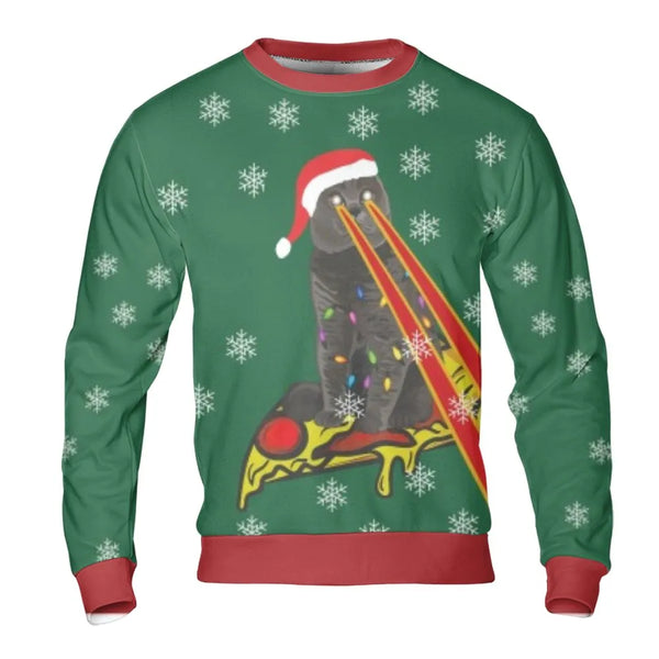 Humorous Cat Holiday Sweater, Laser Cat Pizza Ugly Christmas Sweatshirt, Space Pizza Xmas Crewneck Sweatshirt, Retro Cat Love