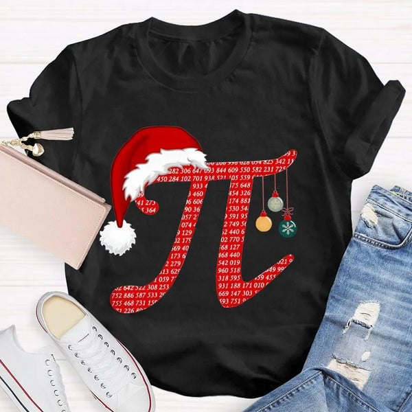 Humorous Math Holiday Graphic Tee, Pi Symbol Santa Hat Christmas T-Shirt, Festive STEM Christmas Shirt, Math Teacher Student 