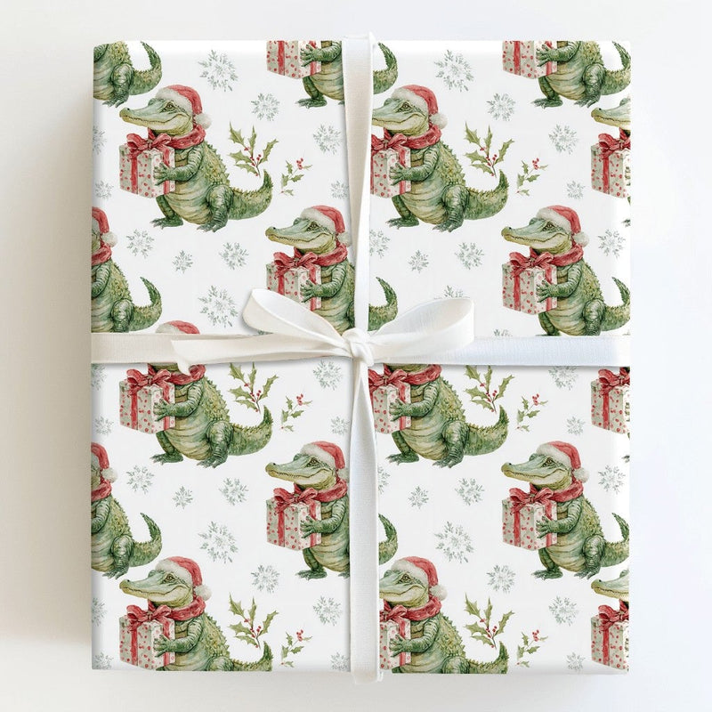 Santa Gator Holiday Gift Wrap, Christmas Alligator Wrapping Paper, Whimsical Reptile Animal Wrapping Paper, Humorous Winter Present Gift Wrap