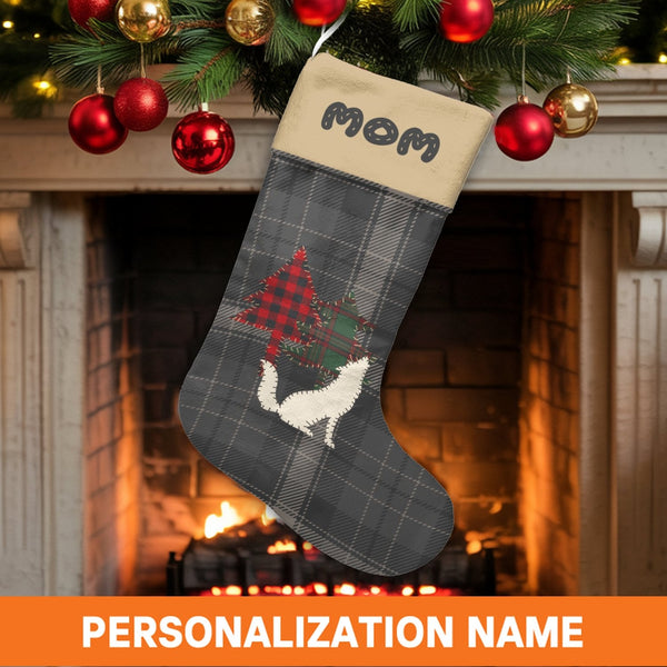Grey Plaid Holiday Stocking, Personalized Cat Christmas Stocking, Custom Patchwork Pet Xmas Stocking, Comfy Fireplace Decor, 