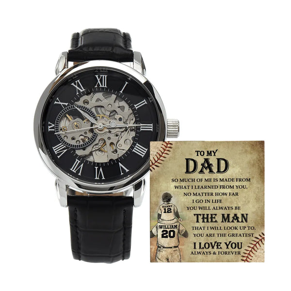 Baseball Theme Keepsake Wristwatch, Skeleton Automatic Watch for Dad, Genuine Leather Strap Timepiece, Father Birthday Christ