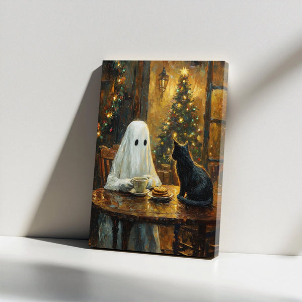 Comfy Holiday Coffee Canvas Print, Ghost and Black Cat Christmas Canvas Art, Adorable Spooky Winter Decor, Whimsical Holiday 