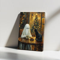 Comfy Holiday Coffee Canvas Print, Ghost and Black Cat Christmas Canvas Art, Adorable Spooky Winter Decor, Whimsical Holiday Art Present