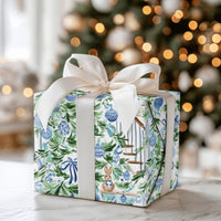 Blue Ornament Holiday Gift Wrap, Chinoiserie Bunny Christmas Wrapping Paper, Watercolor Bunny Wrapping Paper, Festive Gift Wrap Roll
