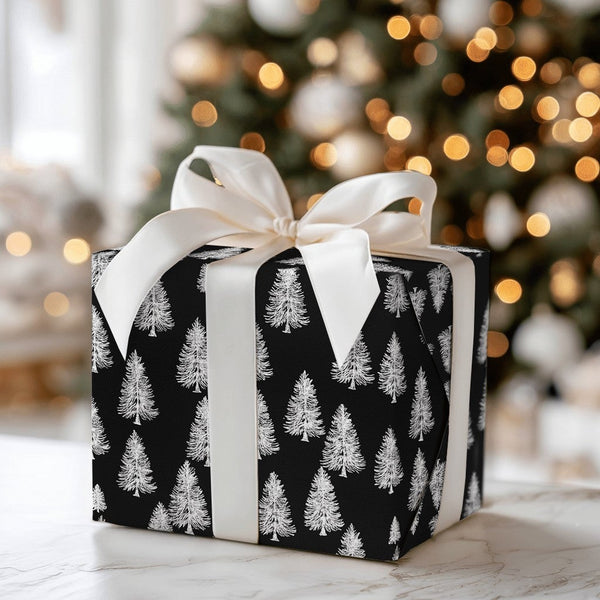 Snowy Pine Tree Gift Wrap, Black and White Christmas Wrapping Paper, Modern Winter Wrapping Paper, Monochrome Holiday Present
