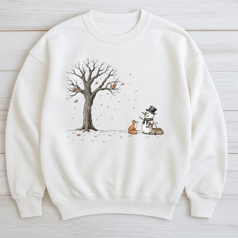 Snowman Woodland Critters Sweatshirt, Winter Forest Animals Sweatshirt, Adorable Christmas Wildlife Sweatshirt, Comfy Nature Holiday Crewneck