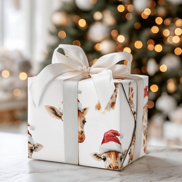 Safari Animal Gift Wrap, Watercolor Giraffe Christmas Wrapping Paper, Santa Hat Giraffe Wrapping Paper, Adorable Holiday Zoo 
