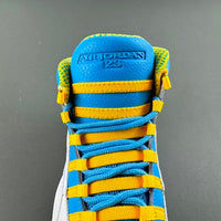 High Top Sneakers, White Blue Yellow Colorway, Leather Footwear, Lace Up Design, Casual Gift for Sneaker Fans