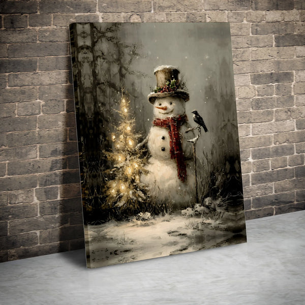 Christmas Tree and Bird Painting, Vintage Rustic Snowman Canvas Wall Art, Winter Holiday Snowman Decor, Vintage Snowman Canva