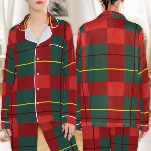 Red Green Plaid Pajamas, Holiday Plaid Satin Pajamas, Christmas Plaid Pajama Set, Festive Sleepwear Set, Holiday Pajamas for 