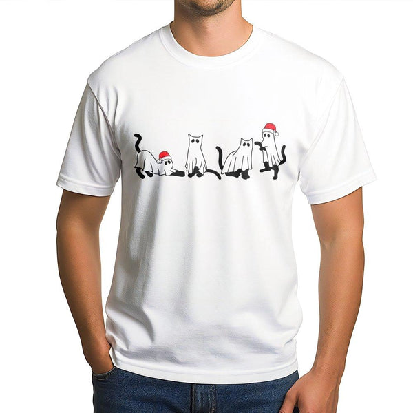 Spooky Kitten Santa Hat Shirt, Christmas Cat Ghost T-Shirt, Creepmas Graphic Tee, Adorable Holiday Ghost Cat T-Shirt, Humorou