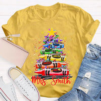 Custom Name Holiday Shirt, Personalized Christmas Tree T-Shirt, Colorful Crayon Snowflake Graphic Tee, Kids Family Christmas Tee