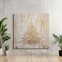 Abstract Winter Painting Print, Golden Christmas Tree Canvas Wall Art, Snowy Holiday Tree Canvas, Elegant Xmas Decor Digital Download