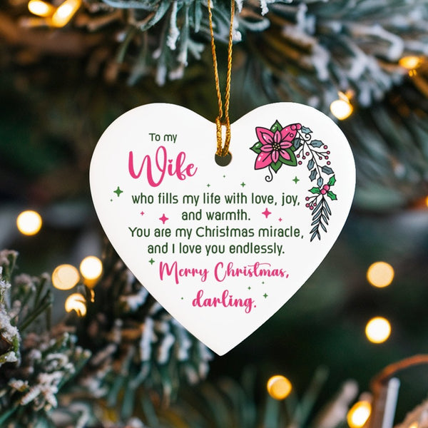Poinsettia Love Quote Ornament, Wife Heart Christmas Ornament, Ceramic Tree Keepsake, Romantic Holiday Ornament, Thoughtful P