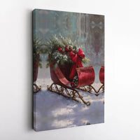 Red Sleigh Pine Garland Wall Art, Vintage Christmas Sleigh Canvas Print, Rustic Holiday Sleigh Canvas, Winter Sleigh Wall Decor