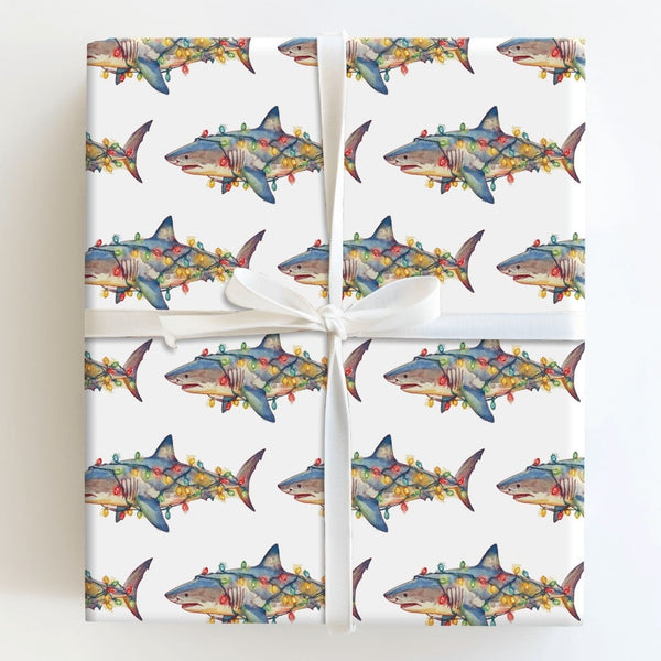 Humorous Holiday Lights Gift Wrap, Christmas Shark Wrapping Paper, Great White Shark Xmas Wrapping Paper, Ocean Animal Holida