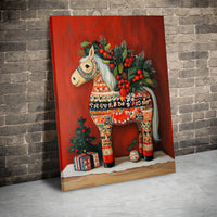 Scandinavian Folk Art Canvas Wall Art, Dala Horse Canvas Print, Festive Christmas Canvas Art, Nordic Holiday Wall Decor, Winter Home Present