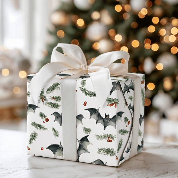 Spooky Bat and Holly Gift Wrap, Gothic Christmas Wrapping Paper, Alternative Holiday Gift Wrapping Paper, Creepy Adorable Xma