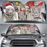 Holiday Animal Windshield Cover, White Tiger Christmas Car Sunshade, Adorable Winter Sun Visor Shield, Christmas Tiger Car Sun Shade Xmas Present