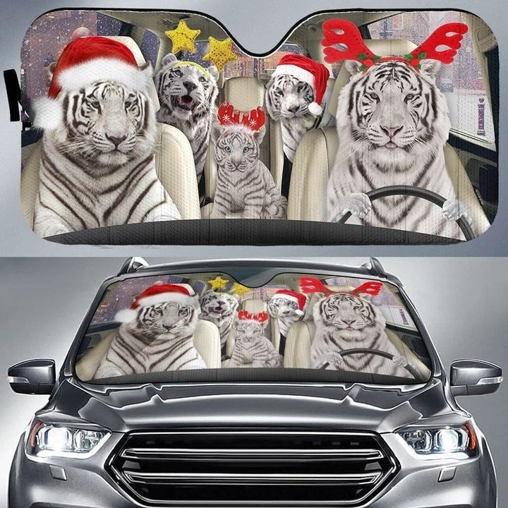 Holiday Animal Windshield Cover, White Tiger Christmas Car Sunshade, Adorable Winter Sun Visor Shield, Christmas Tiger Car Sun Shade Xmas Present