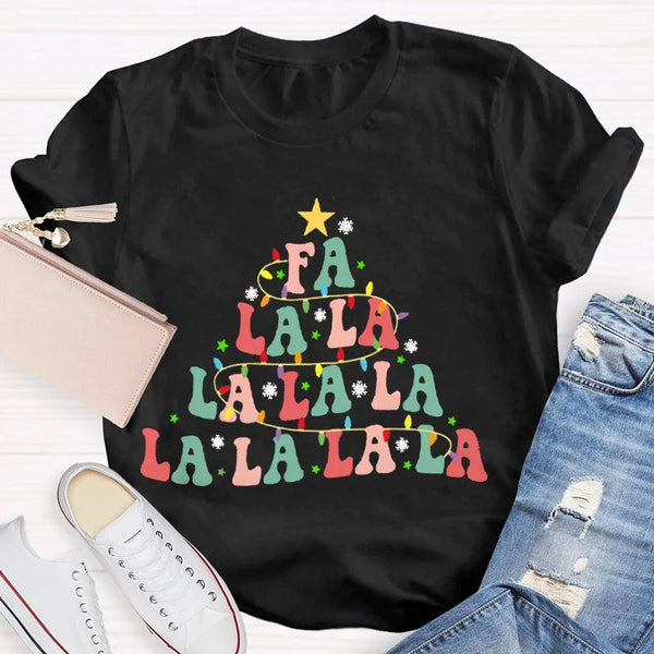 Retro Holiday Graphic Tee, Fa La La La Christmas Tree Shirt, Festive Christmas Vibes T-Shirt, Adorable Winter Holiday Apparel