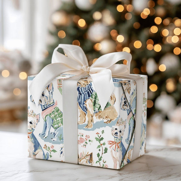Watercolor Yorkie and Westie Holiday Gift Wrap, Dog Christmas Wrapping Paper, Puppy Dog Lover Present Paper, 90 GSM Fine Art 