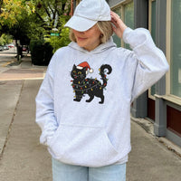 Adorable Santa Hat Kitten Hooded Sweatshirt, Black Cat Christmas Hoodie, Holiday String Lights Cat Hoodie, Winter Animal Lover Present Pullover