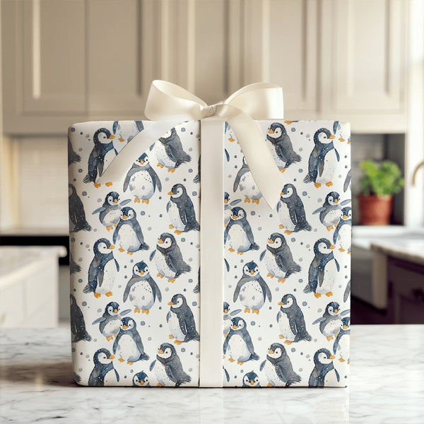 Adorable Winter Animal Gift Wrap, Watercolor Penguin Wrapping Paper, Arctic Bird Holiday Present Wrap, Baby Shower Christmas 
