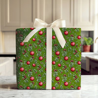 Red Ornaments Gift Wrap, Vintage Christmas Wrapping Paper, Dark Green Holiday Wrapping Paper, Botanical Winter Xmas Gift Wrapping Paper Roll